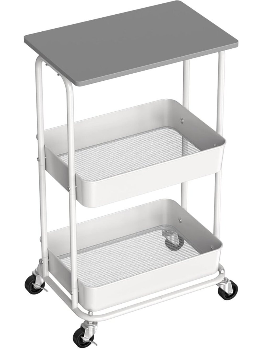 2-Tier Rolling Utility Cart with Wood Top & Lockable Wheels - Gray Storage